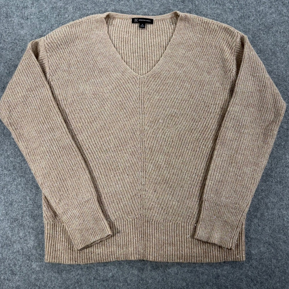 INC International Concepts Womens Tan Metallic Ribbed V-Neck Sweater Size M